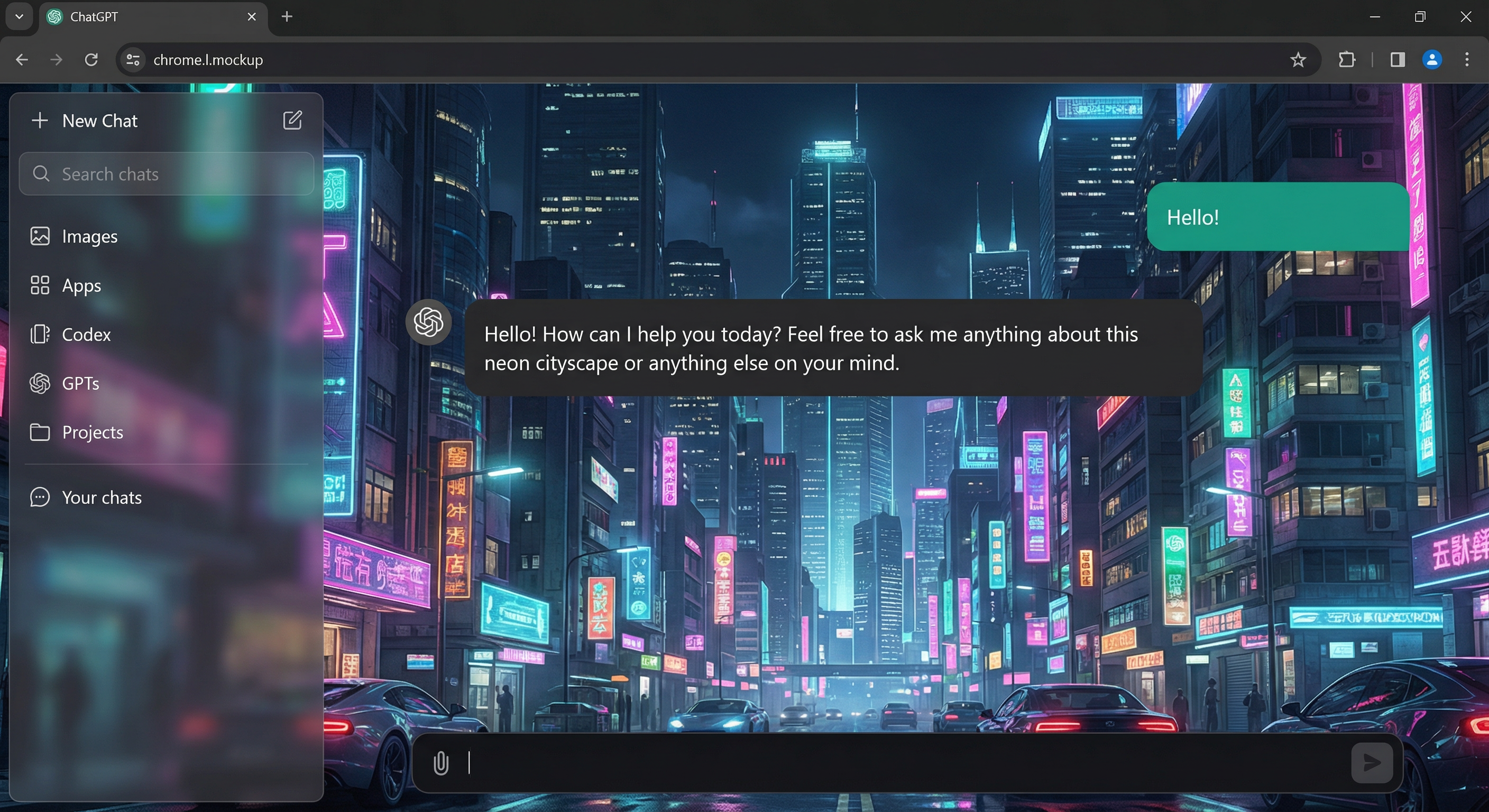 My Chat Faces in action — cyberpunk background on ChatGPT